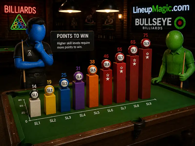 Bar chart showing APA 9-ball points to win by skill level SL1 through SL9