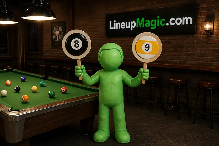 Clay figure holding 8-ball and 9-ball paddles in a pool hall — LineupMagic.com