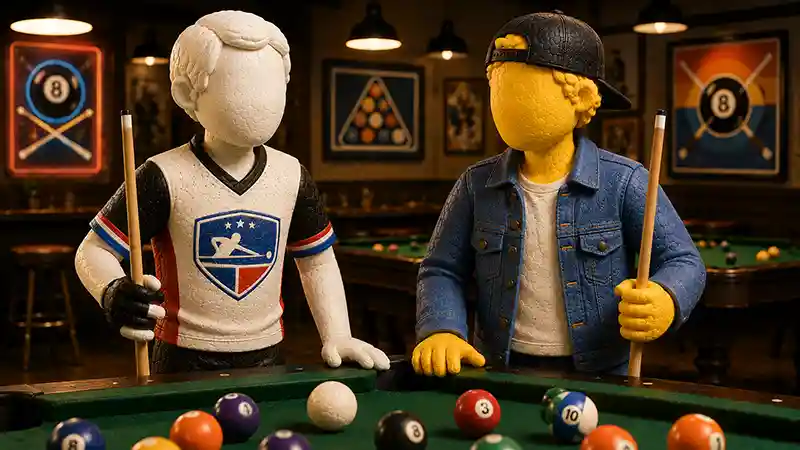 Two clay pool players at a table, one in an APA league jersey and one in casual bar attire, representing the difference between APA and bar rules 8-ball