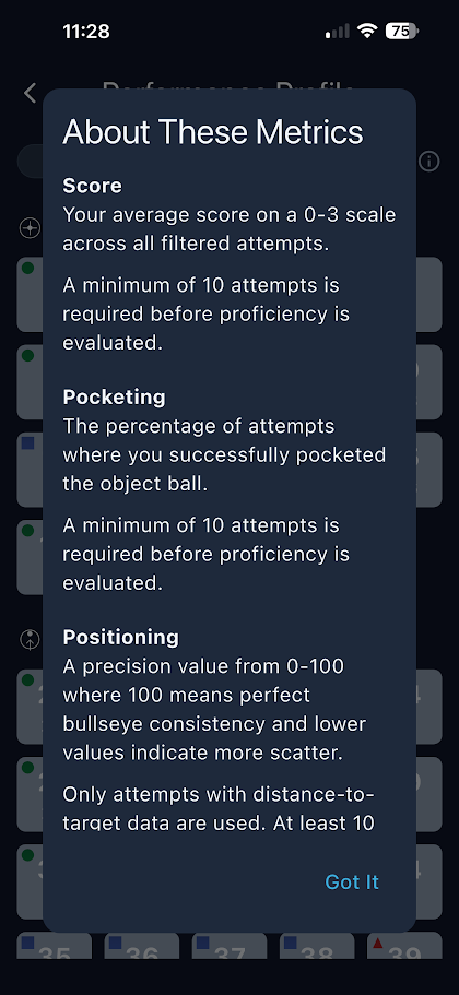 Bullseye Billiards metrics explained: Score, Pocketing, and Positioning definitions