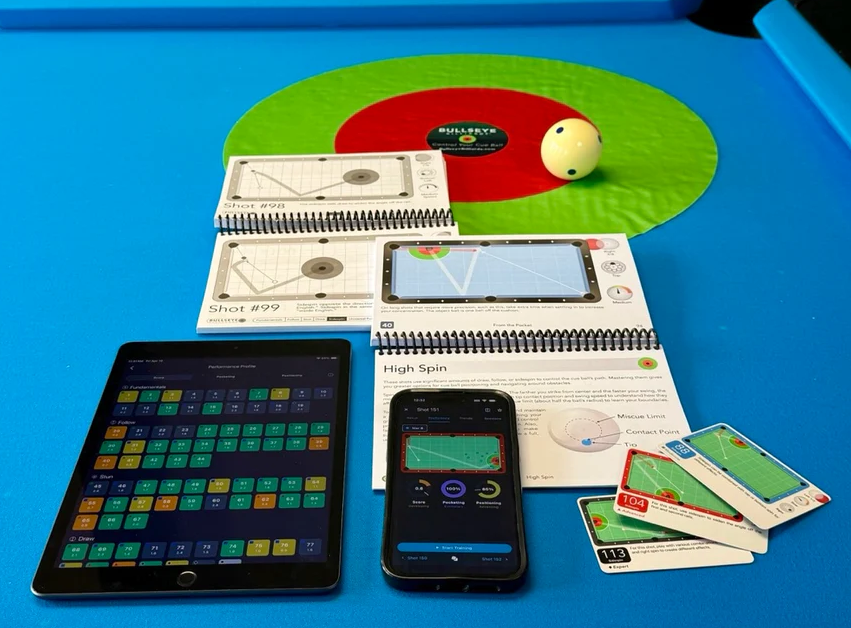 Bullseye Billiards full product lineup: cloth targets, shot books, card games, and app on iPad and iPhone
