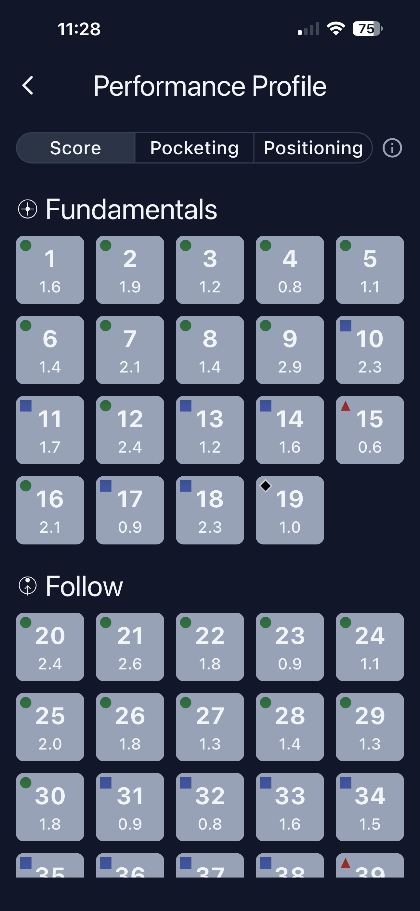Bullseye Billiards performance profile grid showing scores for each drill by category