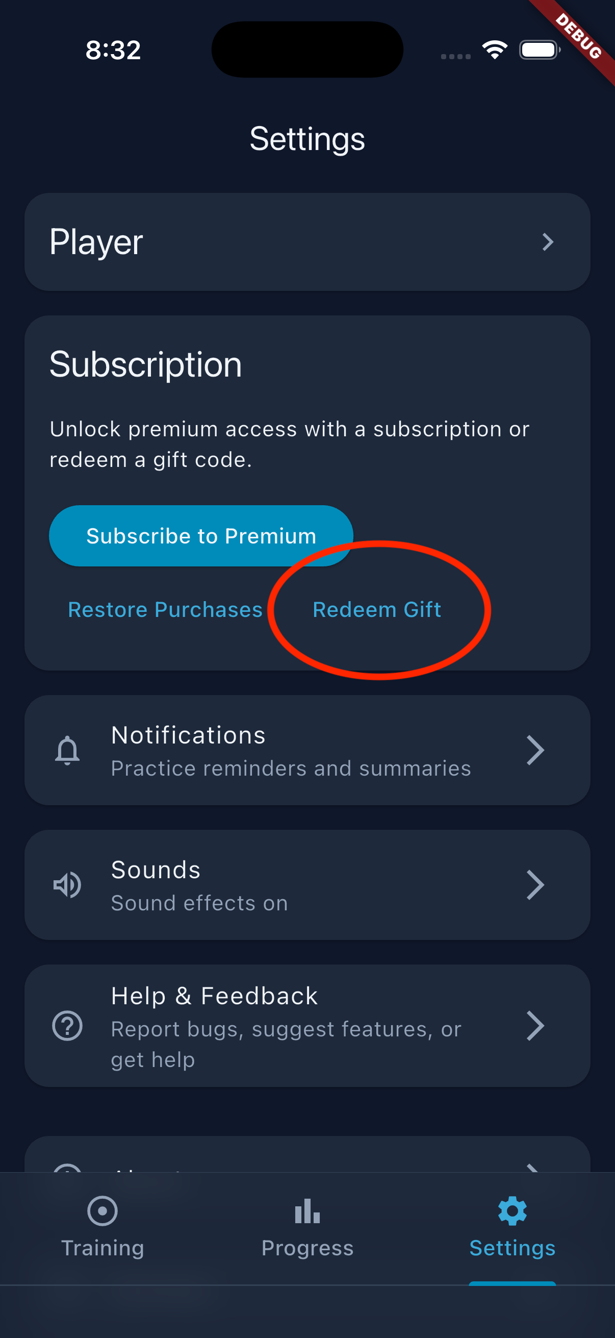 Bullseye Billiards Settings screen showing Redeem Gift button circled in red