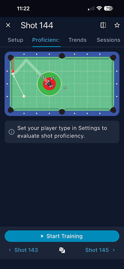 Shot 144 cluster, cue ball results tightly grouped in center target zone