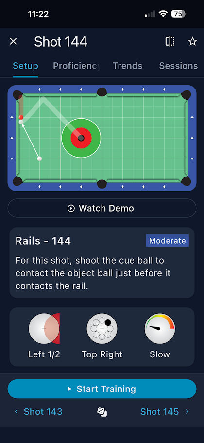 Shot 144 setup, Rails drill, left half tip, top right spin, slow speed