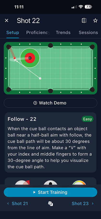 Shot 22 setup, Follow shot, half-ball aim, 30-degree cue ball path