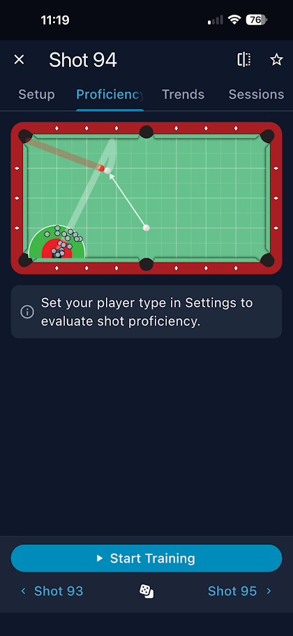 Shot 94 cluster diagram, sidespin cue ball results in corner target zone