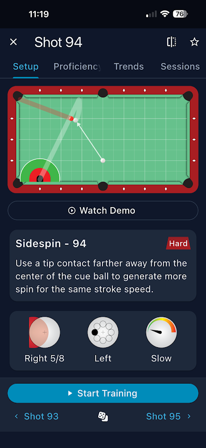 Shot 94 setup, Sidespin drill, right english, slow speed
