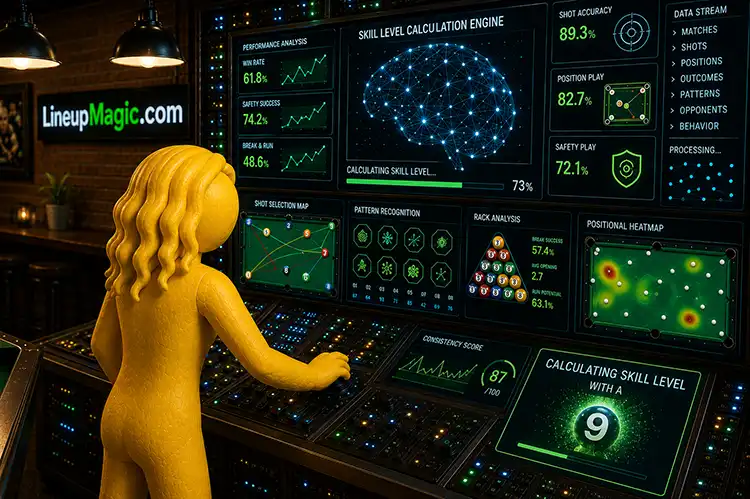 Skill level calculation engine dashboard with a clay figure in a pool hall — LineupMagic.com