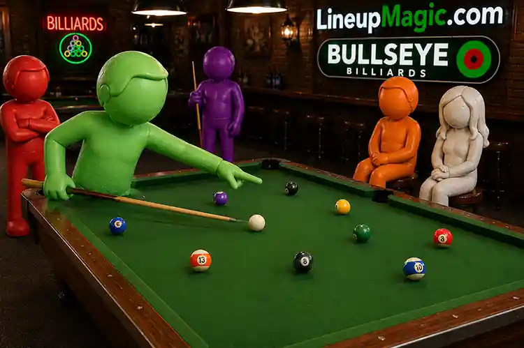 Pool player pointing to call a shot at a billiards table