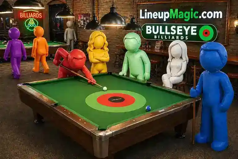 Red clay figure shooting pool on a table with Bullseye Billiards target on the felt, LineupMagic.com and Bullseye Billiards signs on the wall