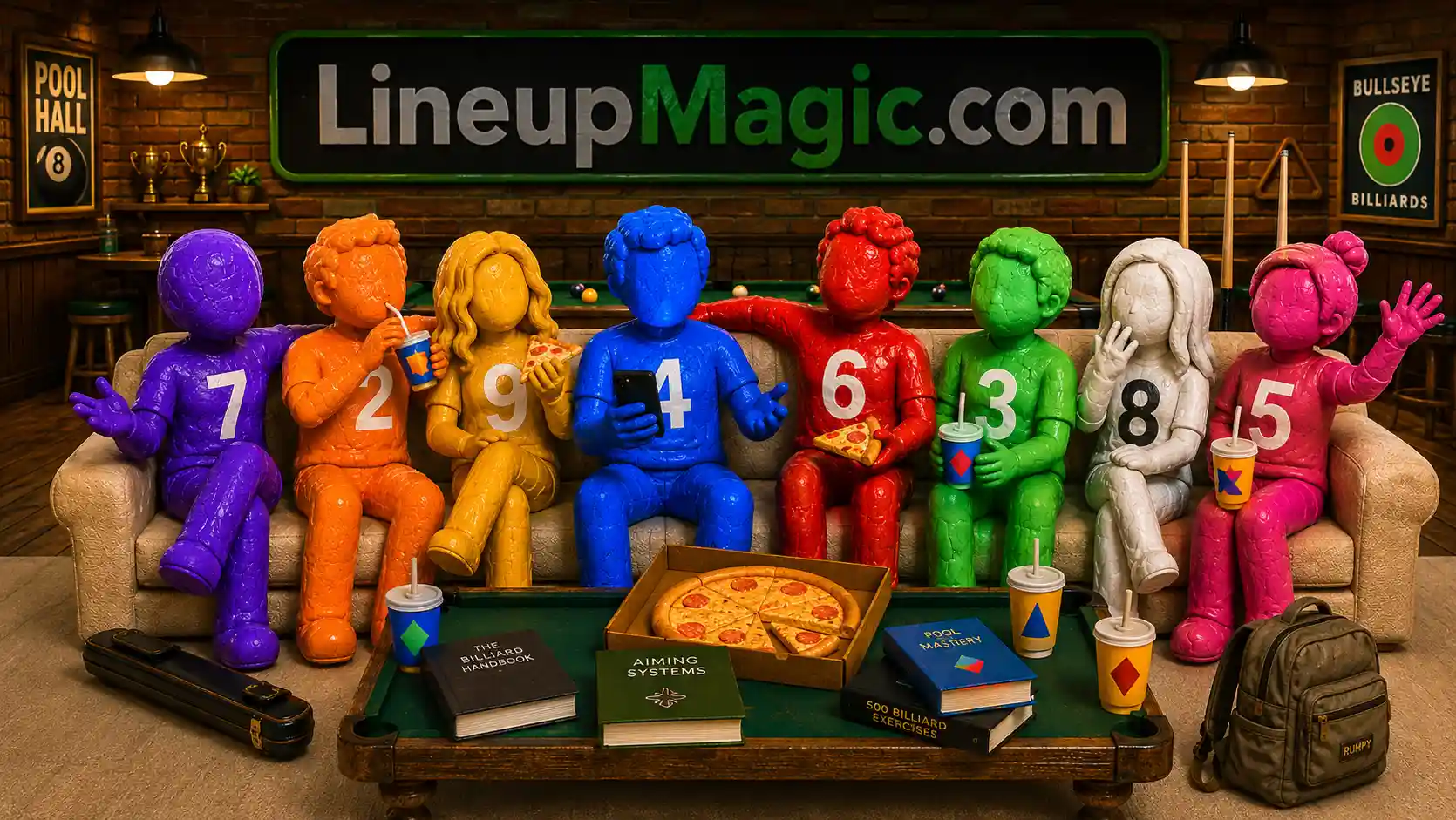 APA skill levels 1 through 9 represented as colorful clay figures on a couch with pool table - LineupMagic.com