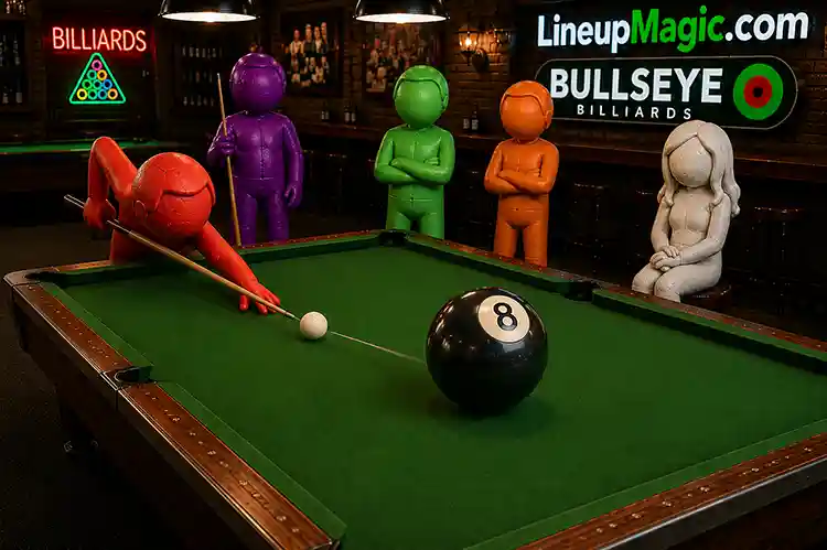 Pool player shooting at the 8-ball on a billiards table