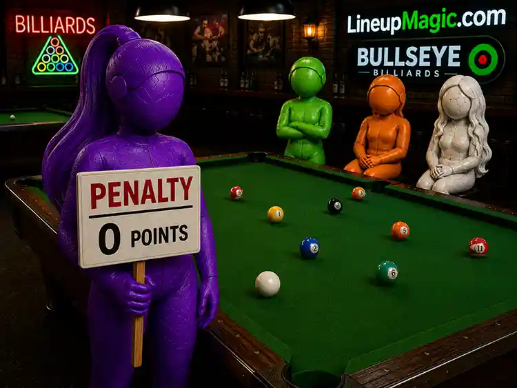 Clay figure holding a Penalty 0 Points sign beside a pool table