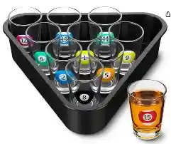 Billiards pool ball shot glass set with triangle rack
