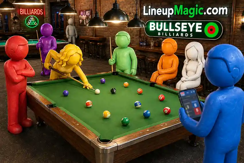 APA pool league players at a billiards table with the APA Scorekeeper app, LineupMagic.com and Bullseye Billiards signage in the background