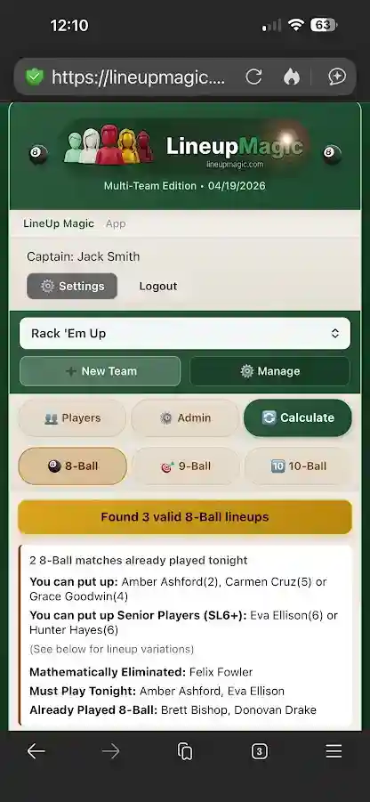 Lineup Magic - player roster and skill level management for APA and TAP pool league captains