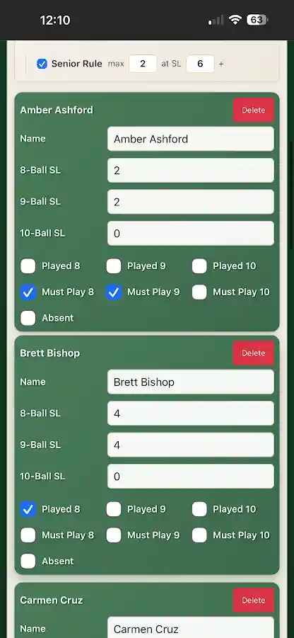 Lineup Magic - lineup calculator results showing every valid combination sorted strongest first