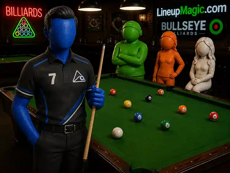 Senior APA player in league jersey holding a cue beside a pool table