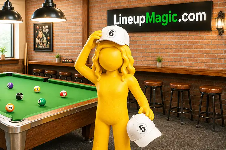 Clay figure switching hats from SL5 to SL6 in a pool hall — LineupMagic.com